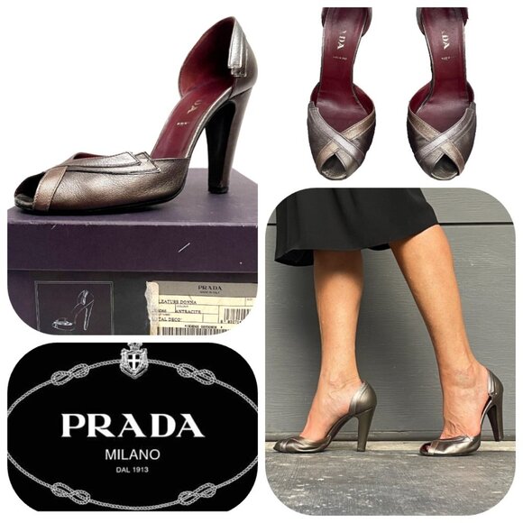 Prada D'Orsay Metall Deco Calzature Donna peep Toe heels pumps 7,5 - Picture 1 of 14